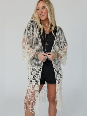 House of Harlow Crochet Fringe Kimono Cardigan